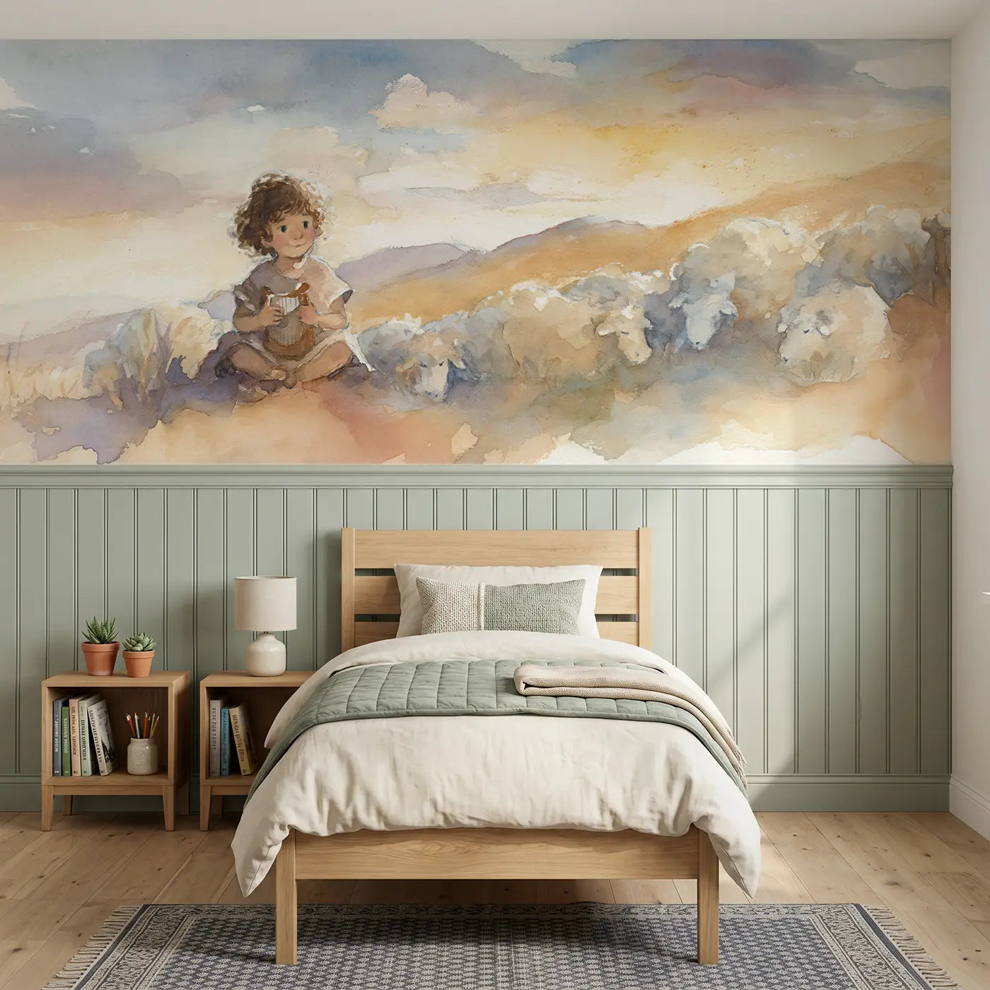 Watercolor David young shepherd harp wainscoting wallpaper for bedroom by Whimsy Tots.