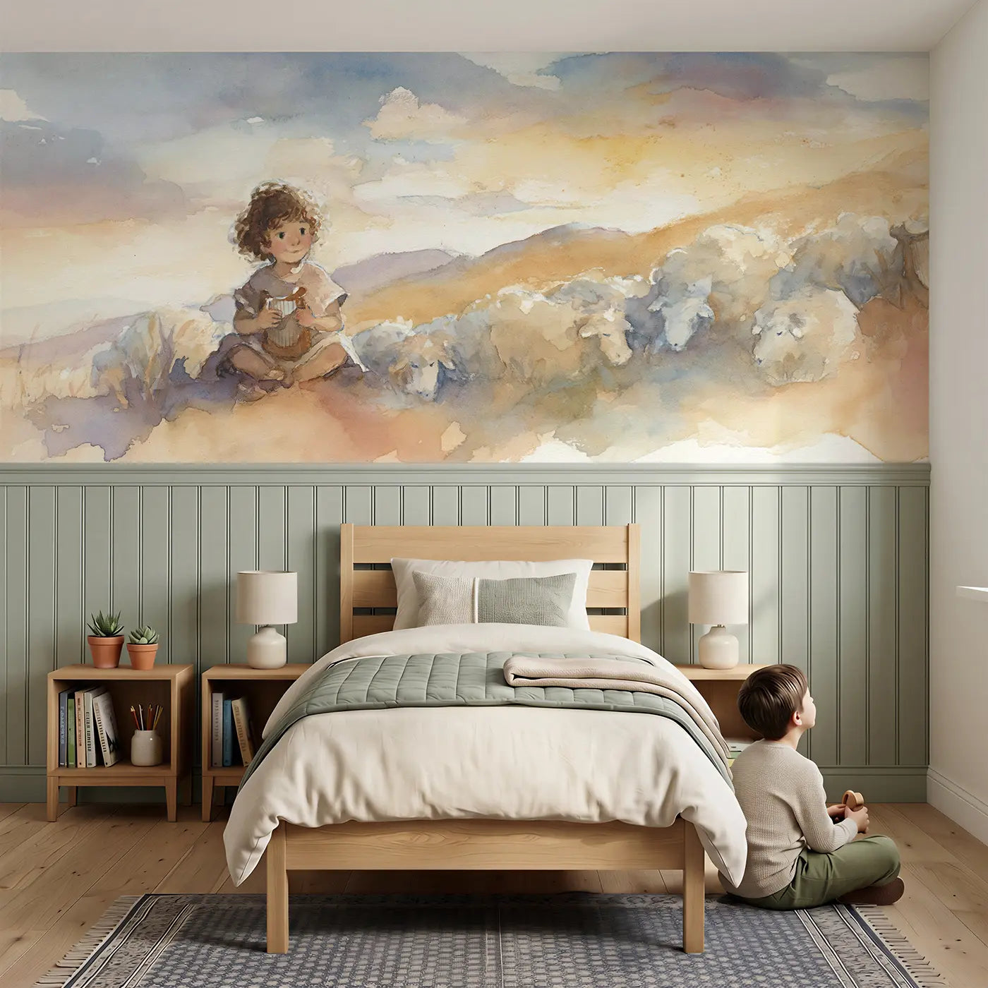 Child reading near David Young Shepherd Harp Wainscoting Wallpaper by Whimsy Tots