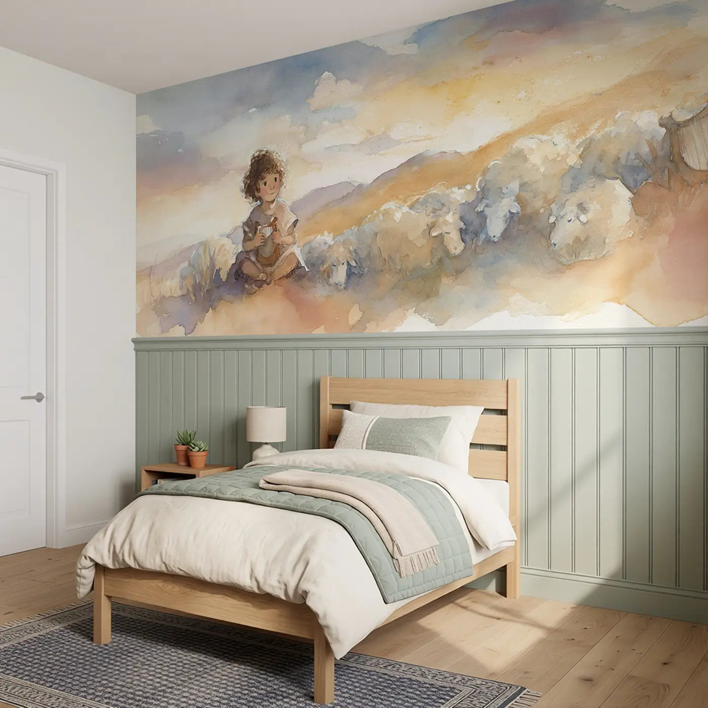 David Young Shepherd Harp Wainscoting Wallpaper styled in a kids bedroom by Whimsy Tots