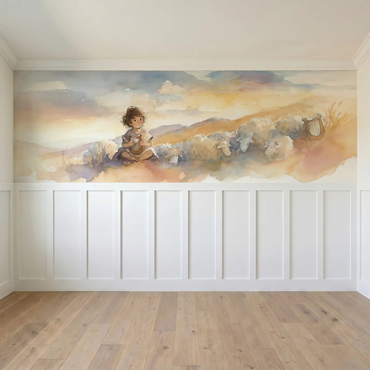 Full panel view of David Young Shepherd Harp Wainscoting Wallpaper by Whimsy Tots