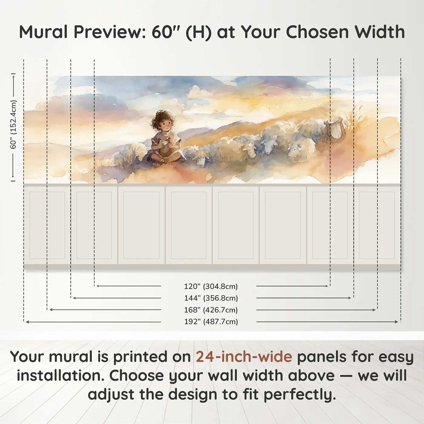 Panel dimensions for David Young Shepherd Harp Wainscoting Wallpaper by Whimsy Tots