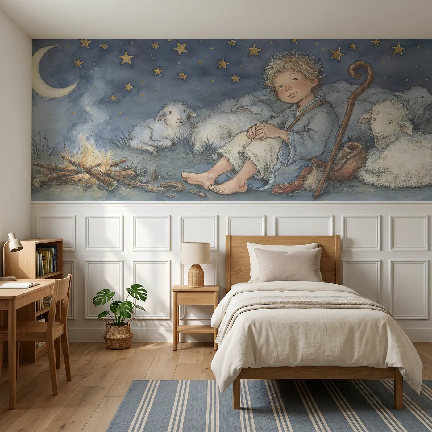 Storybook David sheep starry night wainscoting wallpaper for bedroom by Whimsy Tots.