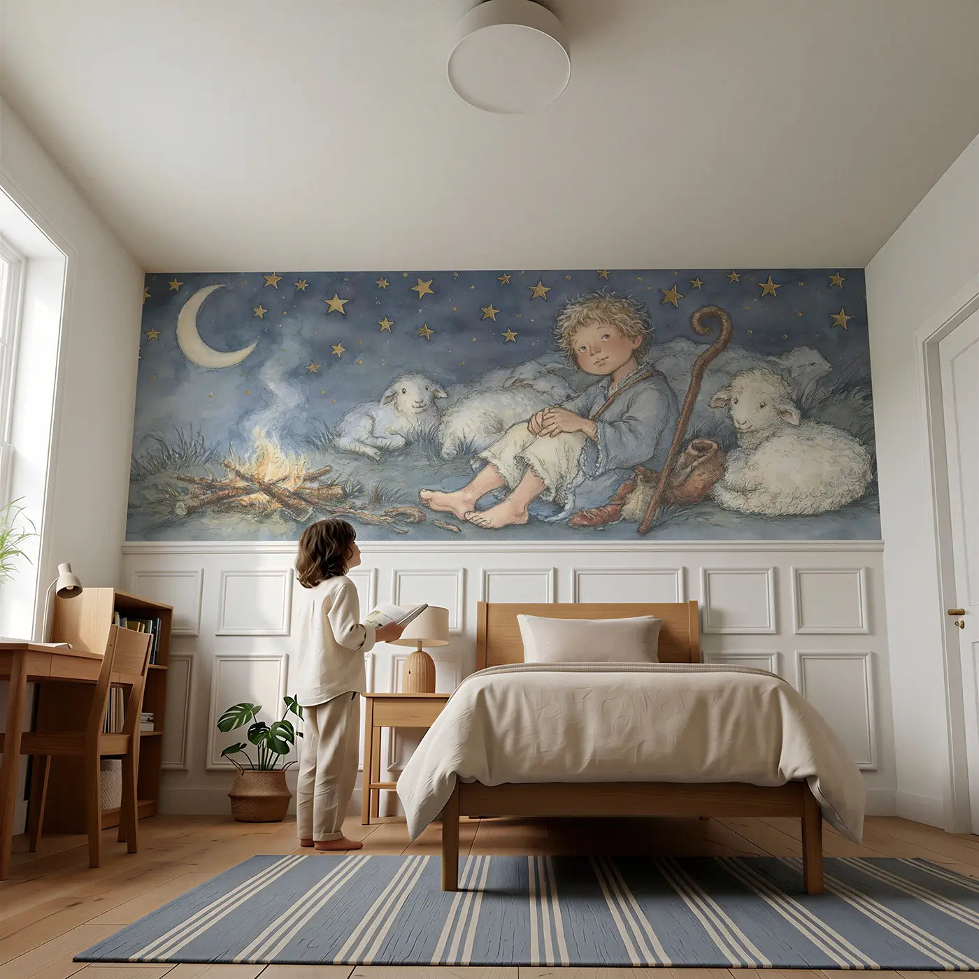 Child reading near David Sheep Starry Night Wainscoting Wallpaper by Whimsy Tots