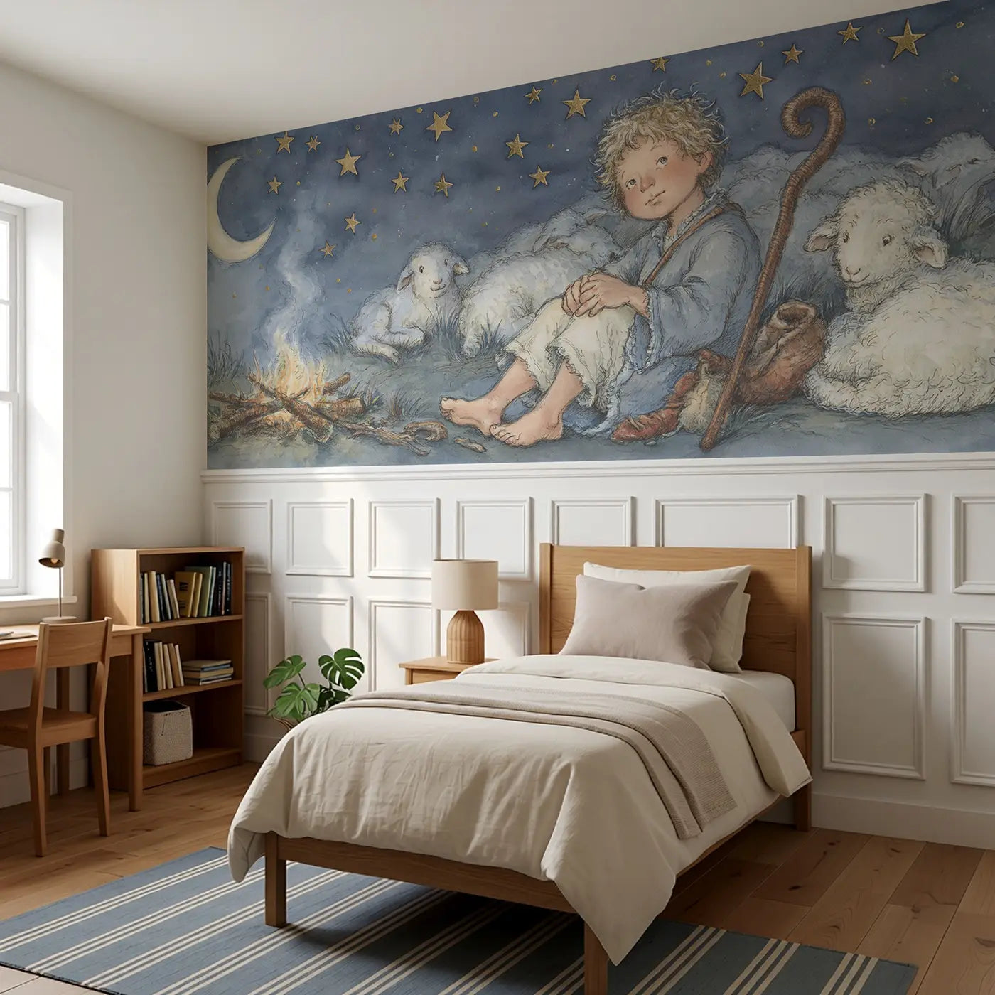 David Sheep Starry Night Wainscoting Wallpaper styled in a kids bedroom by Whimsy Tots