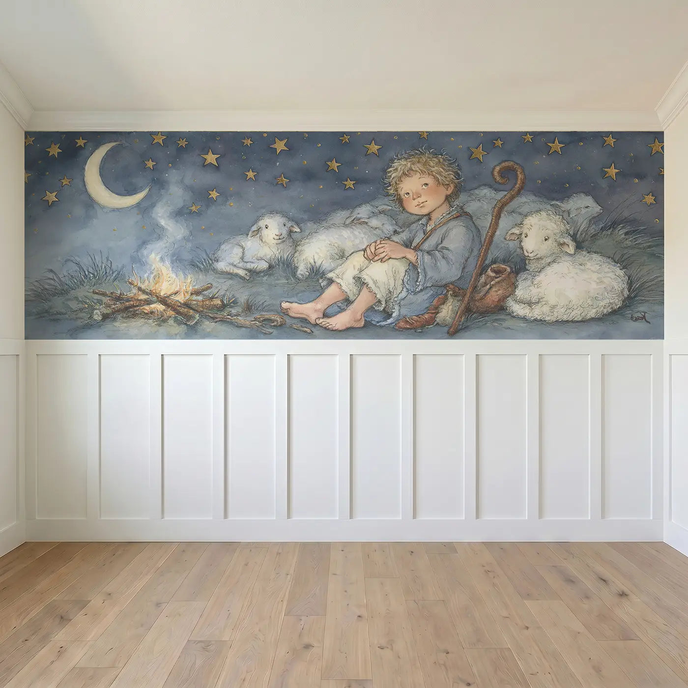 Full panel view of David Sheep Starry Night Wainscoting Wallpaper by Whimsy Tots