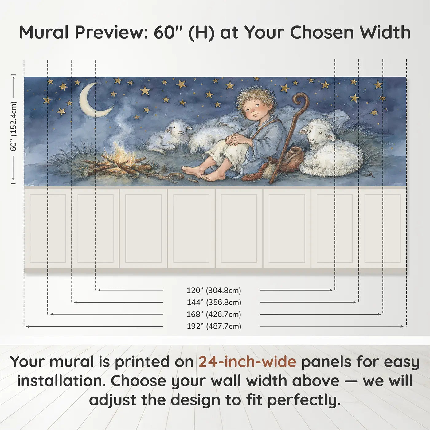 Panel dimensions for David Sheep Starry Night Wainscoting Wallpaper by Whimsy Tots