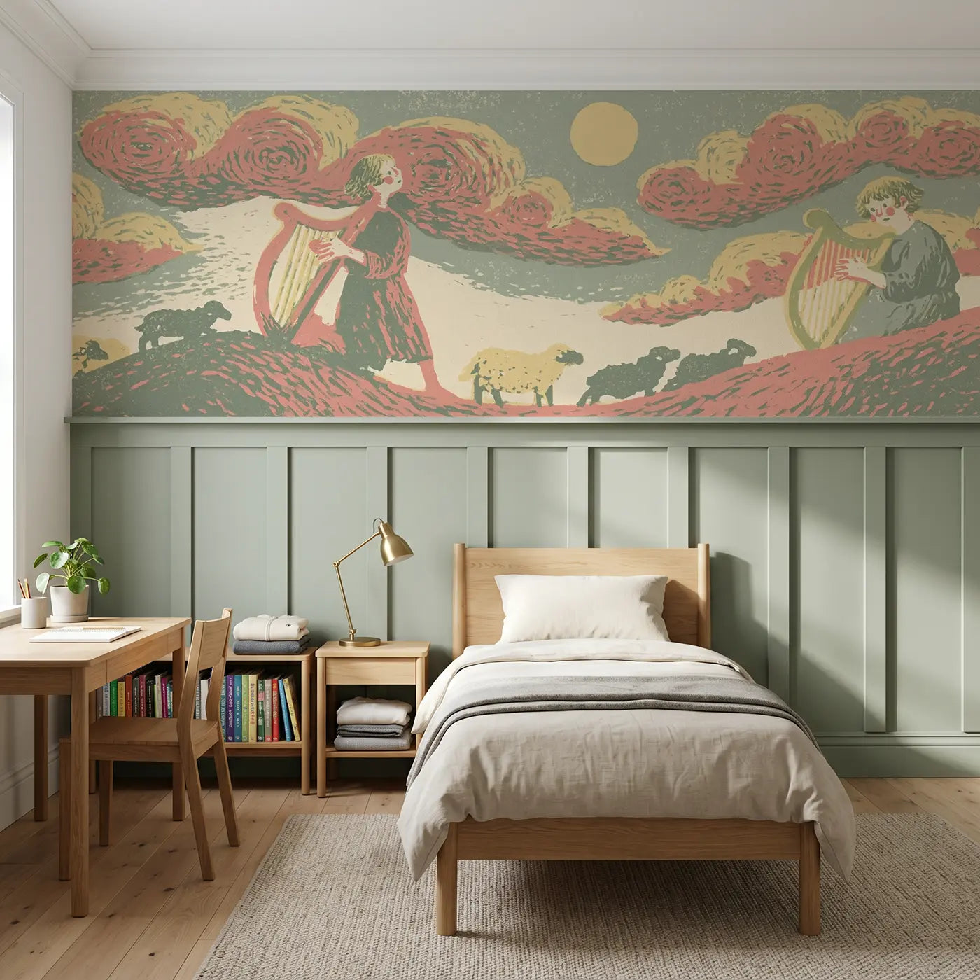 Block Print carved David harp folk wainscoting wallpaper for bedroom by Whimsy Tots.