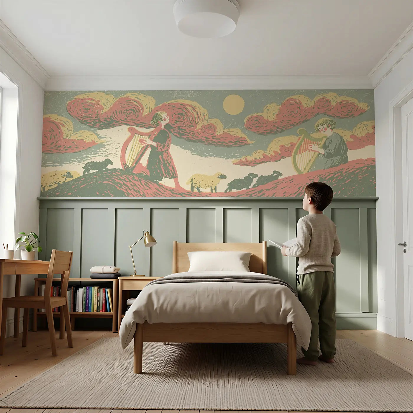 Child reading near Carved David Harp Folk Wainscoting Wallpaper by Whimsy Tots