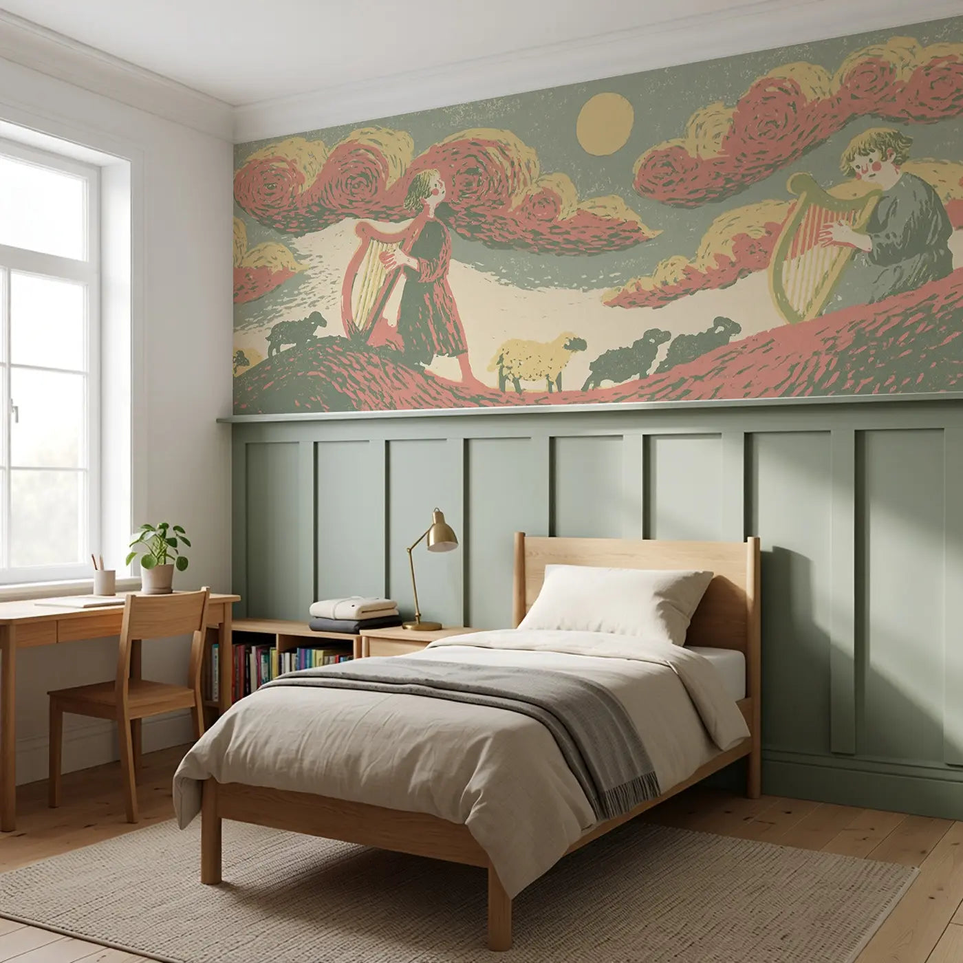 Carved David Harp Folk Wainscoting Wallpaper styled in a kids bedroom by Whimsy Tots