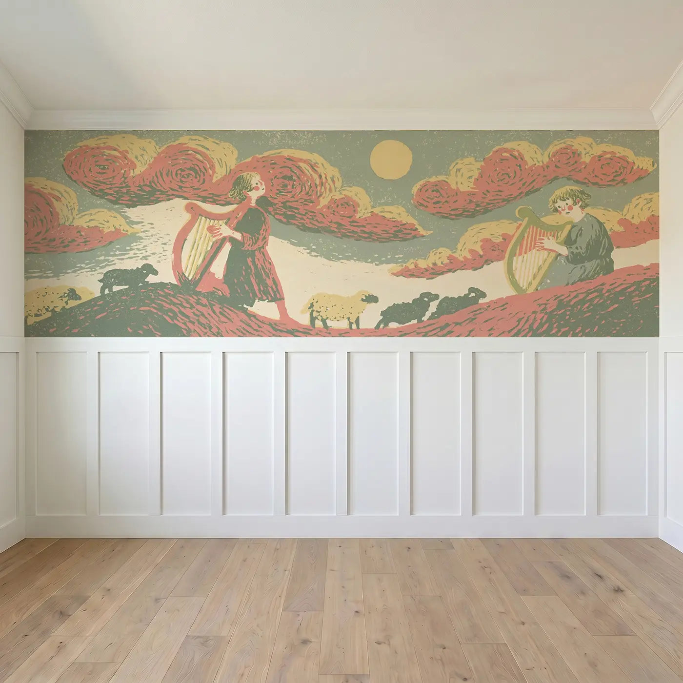 Full panel view of Carved David Harp Folk Wainscoting Wallpaper by Whimsy Tots