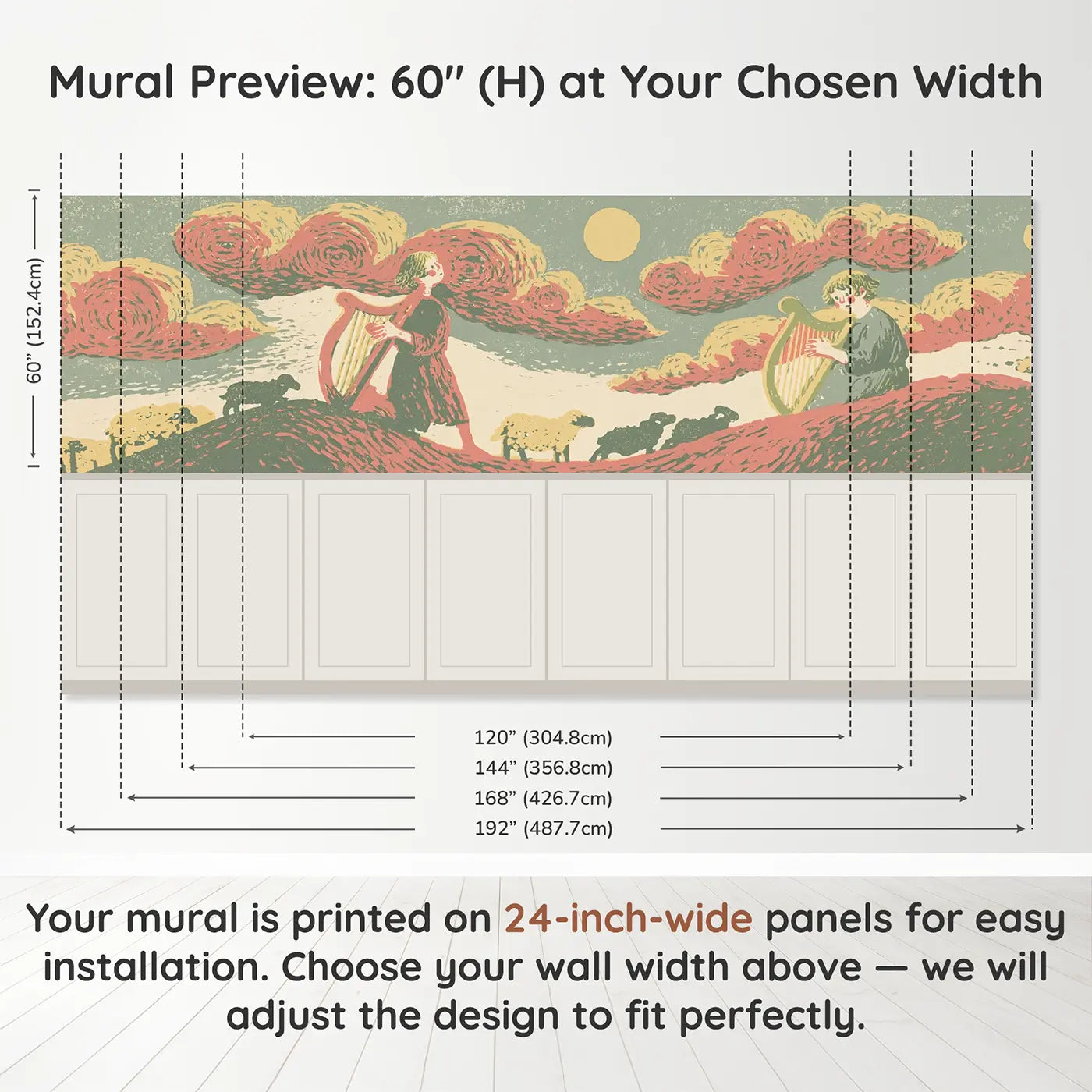 Panel dimensions for Carved David Harp Folk Wainscoting Wallpaper by Whimsy Tots
