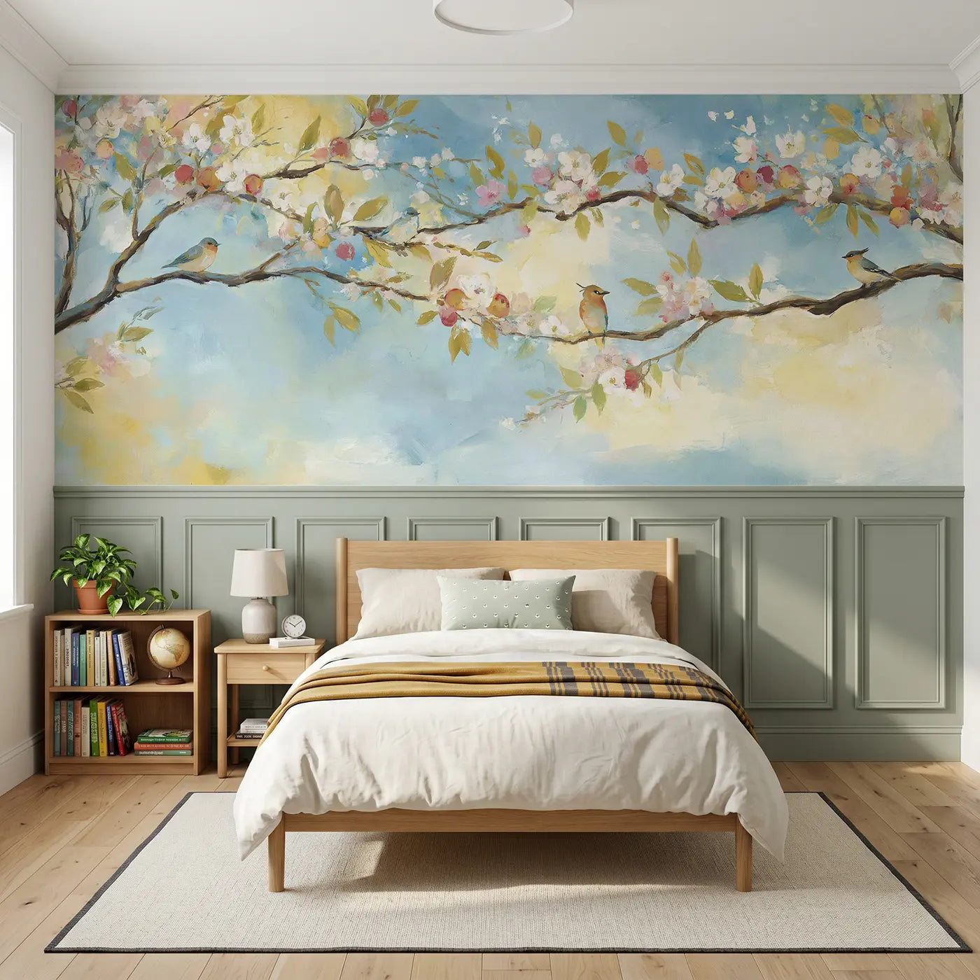 Watercolor tree life blossom fruit wainscoting wallpaper for bedroom by Whimsy Tots.