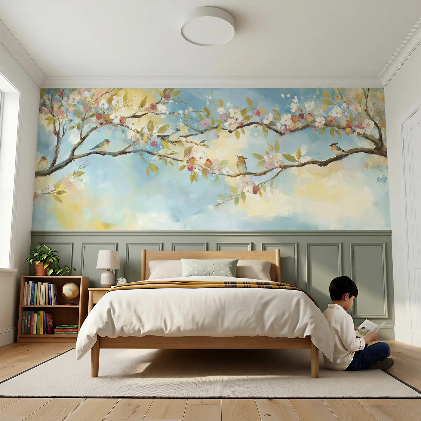 Child reading near Tree Life Blossom Fruit Wainscoting Wallpaper by Whimsy Tots