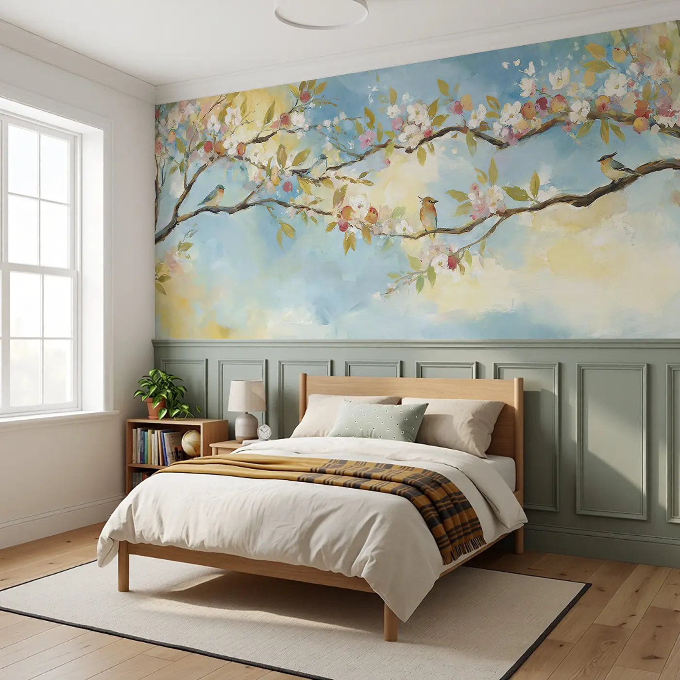 Tree Life Blossom Fruit Wainscoting Wallpaper styled in a kids bedroom by Whimsy Tots