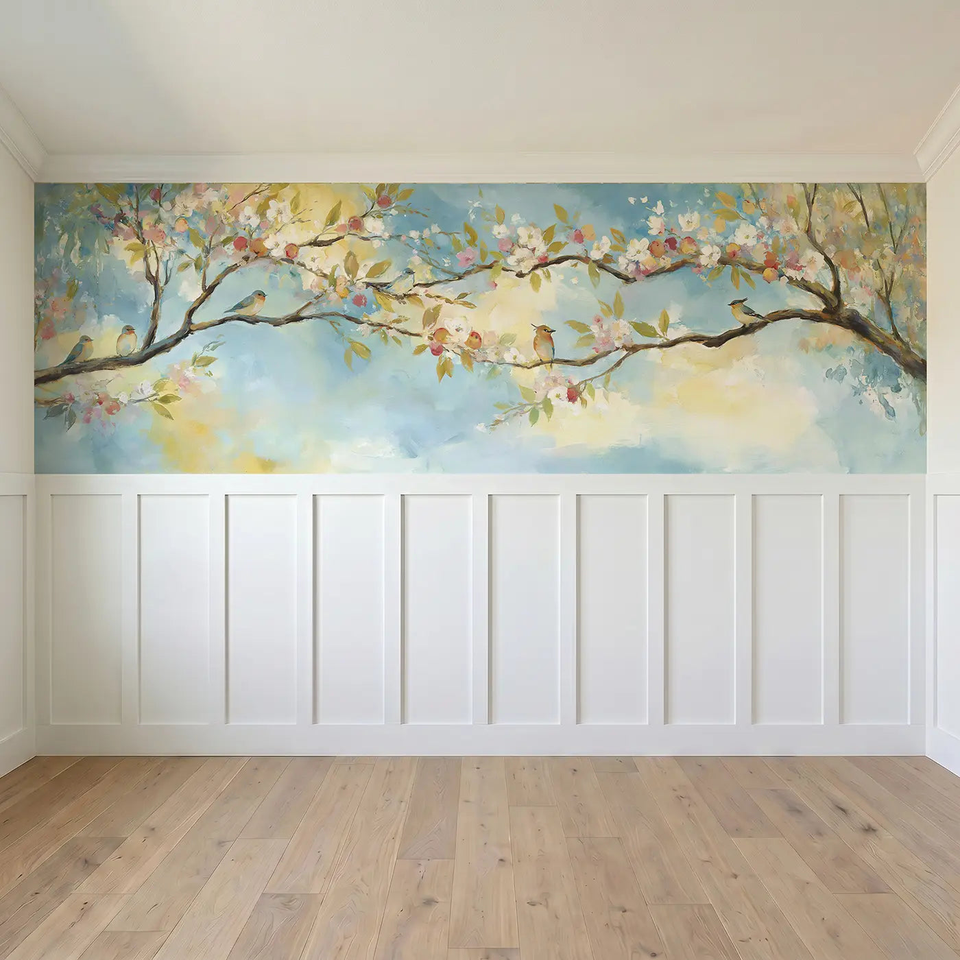 Full panel view of Tree Life Blossom Fruit Wainscoting Wallpaper by Whimsy Tots