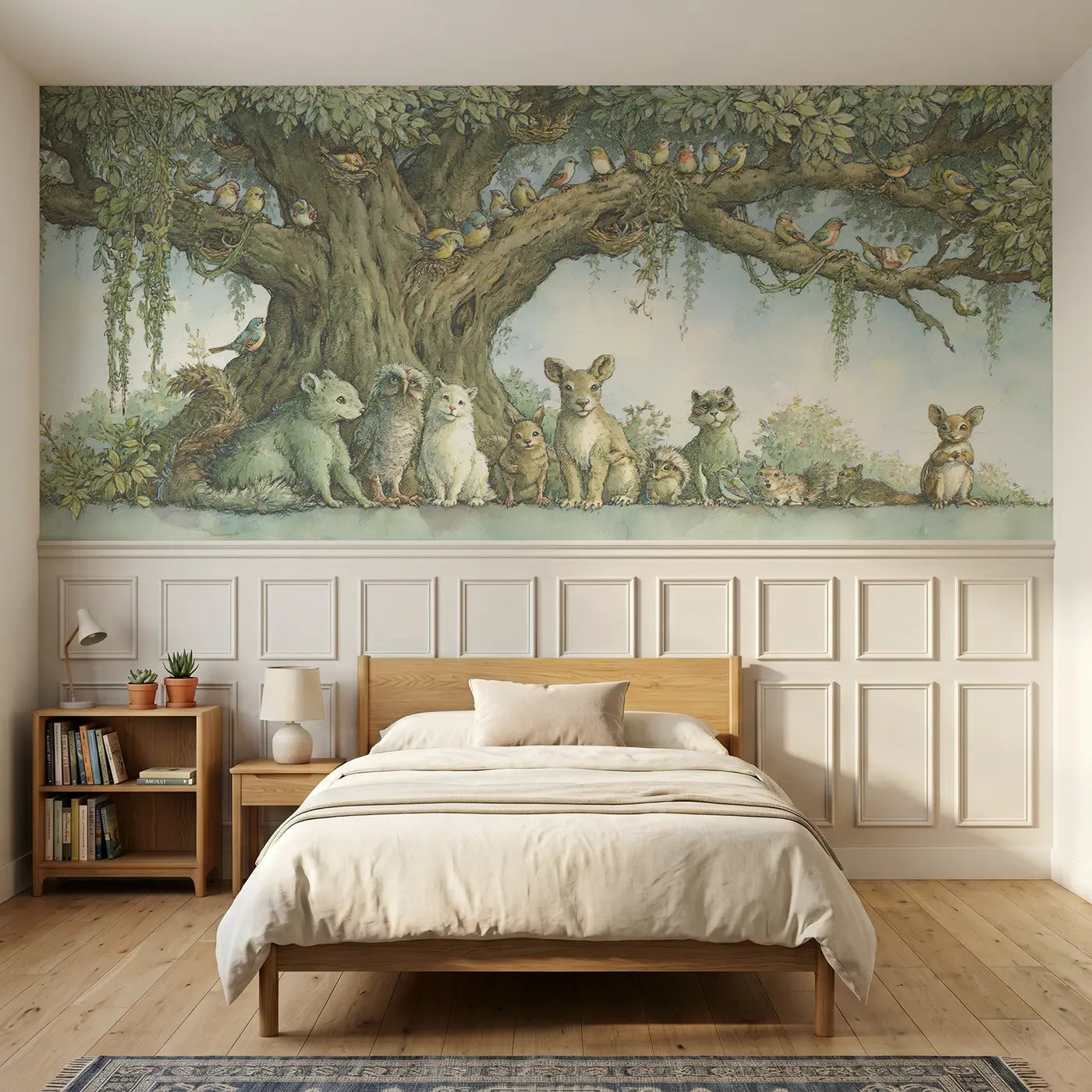 Storybook tree life birds gathering wainscoting wallpaper for bedroom by Whimsy Tots.
