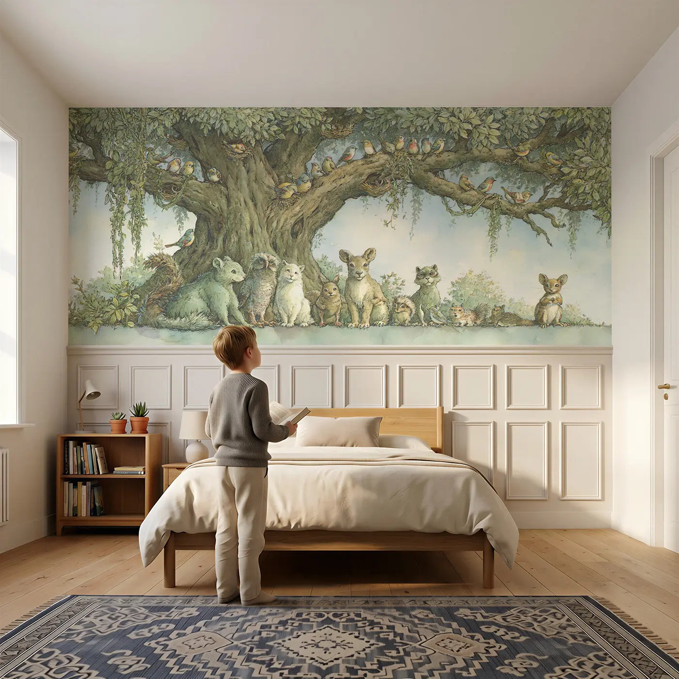 Child reading near Tree Life Birds Gathering Wainscoting Wallpaper by Whimsy Tots