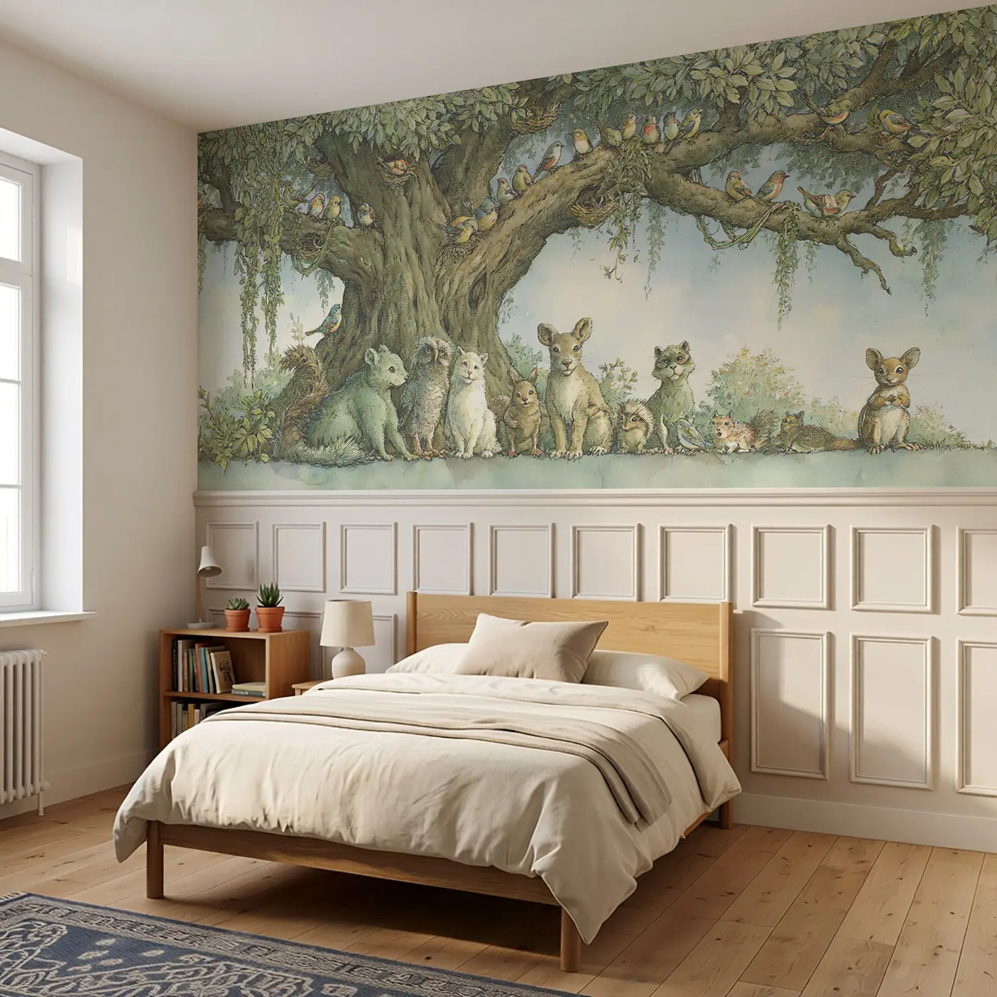 Tree Life Birds Gathering Wainscoting Wallpaper styled in a kids bedroom by Whimsy Tots