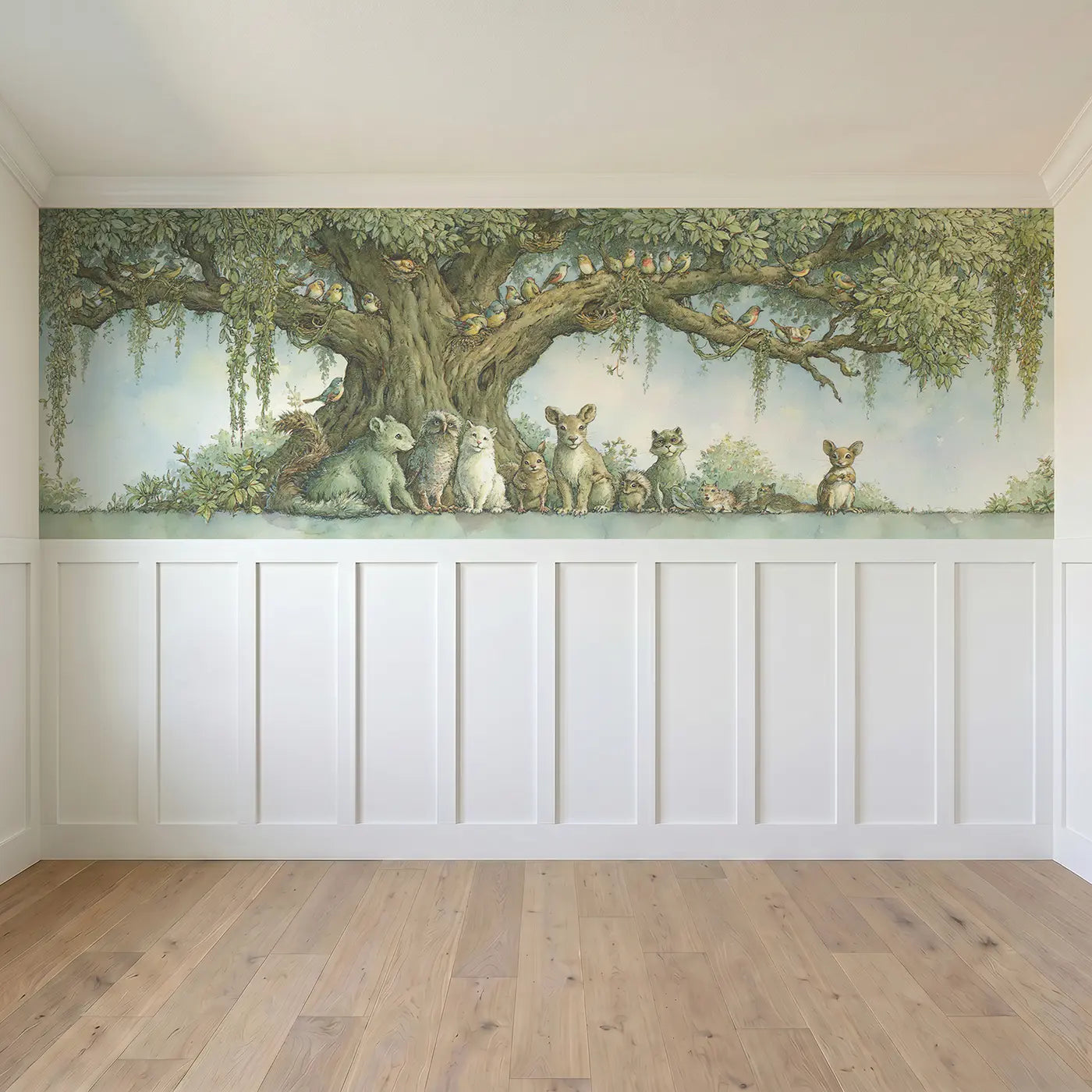 Full panel view of Tree Life Birds Gathering Wainscoting Wallpaper by Whimsy Tots