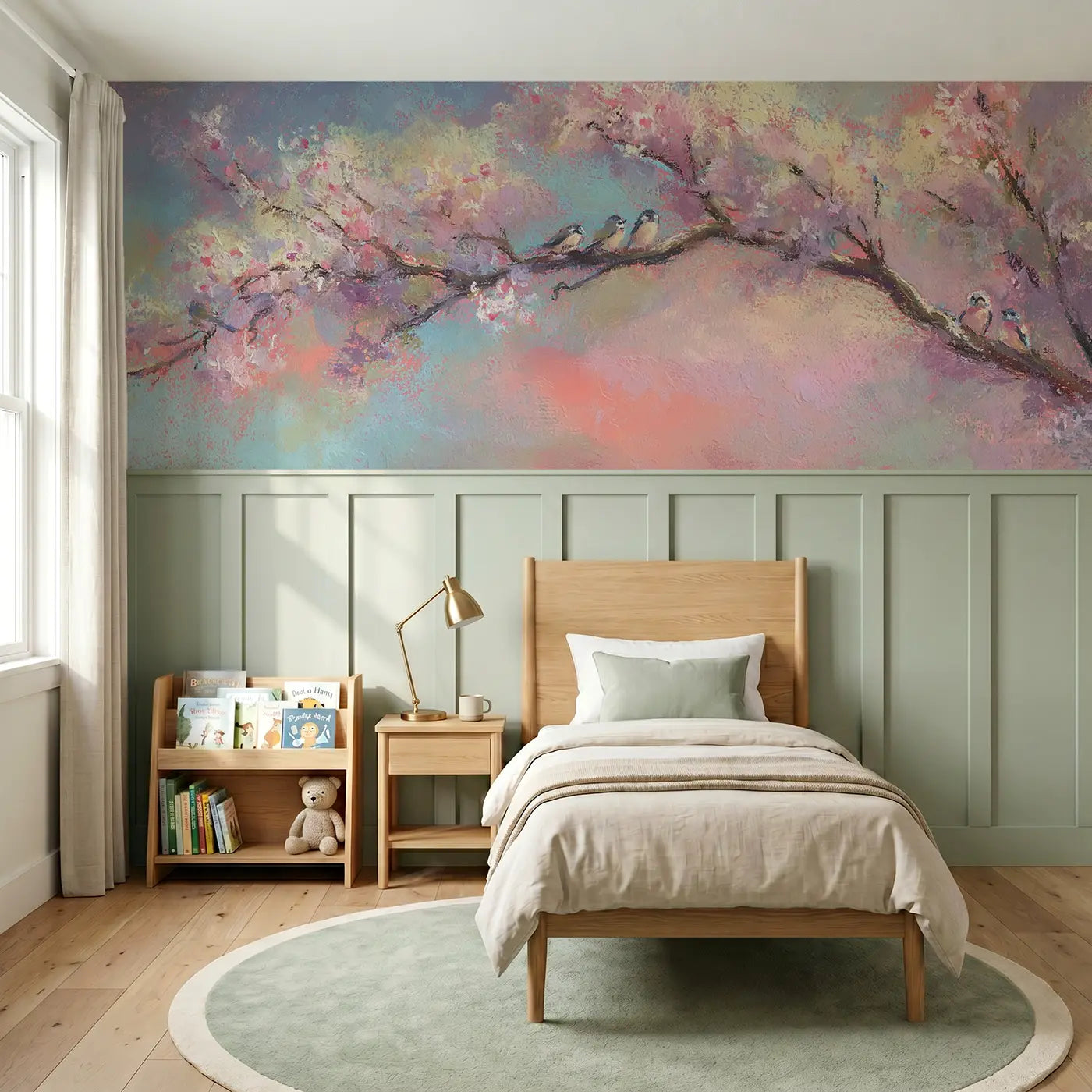 Soft Pastel tree of life with chalk blossoms wainscoting wallpaper for nursery by Whimsy Tots.