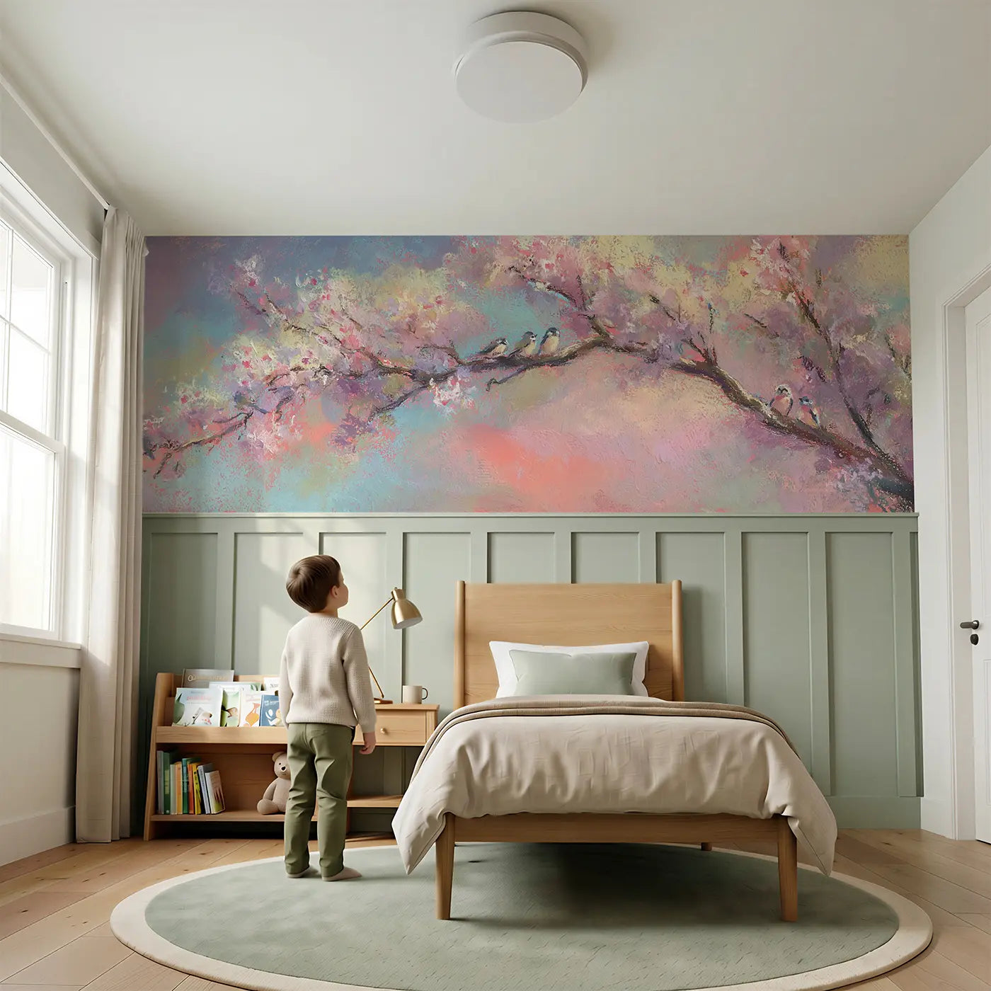 Child reading near Chalk Tree Life Soft Wainscoting Wallpaper by Whimsy Tots