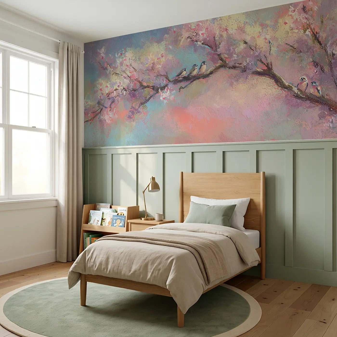 Chalk Tree Life Soft Wainscoting Wallpaper styled in a kids bedroom by Whimsy Tots