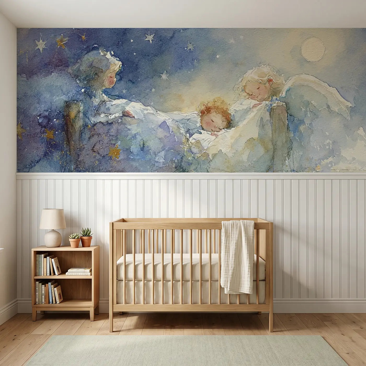 Watercolor guardian angel sleeping child wainscoting wallpaper for nursery by Whimsy Tots.