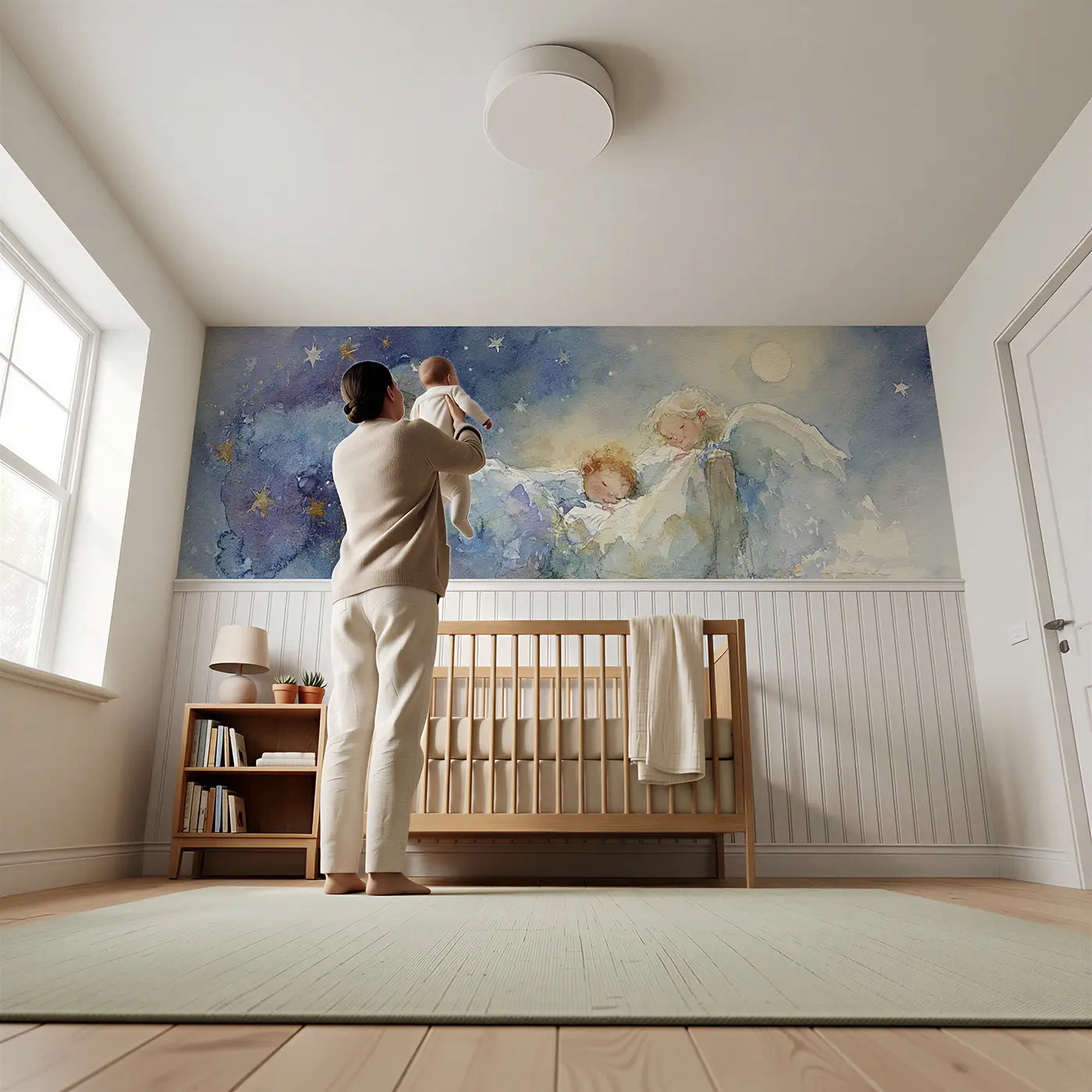 Child reading near Guardian Angel Sleeping Child Wainscoting Wallpaper by Whimsy Tots