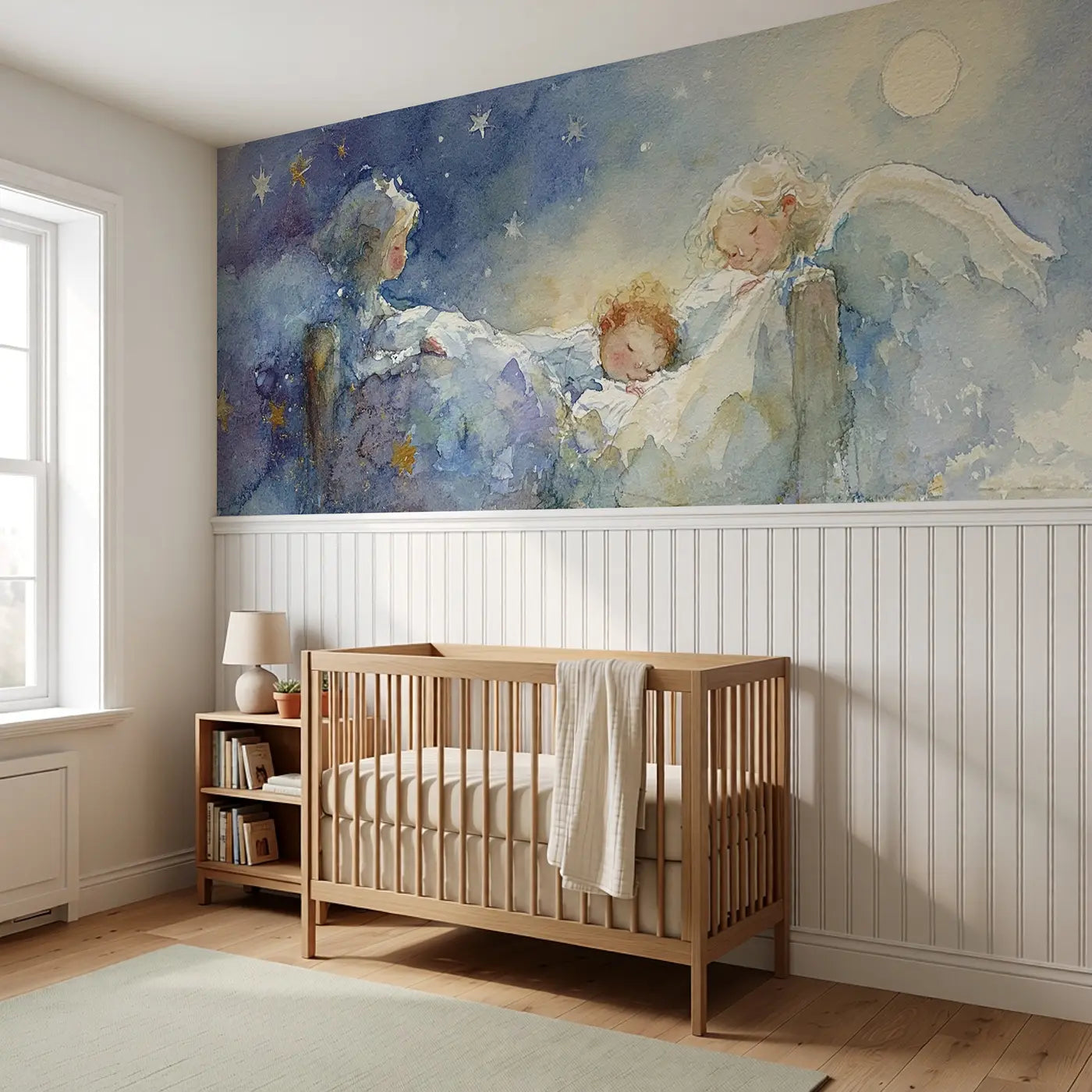 Guardian Angel Sleeping Child Wainscoting Wallpaper styled in a kids bedroom by Whimsy Tots