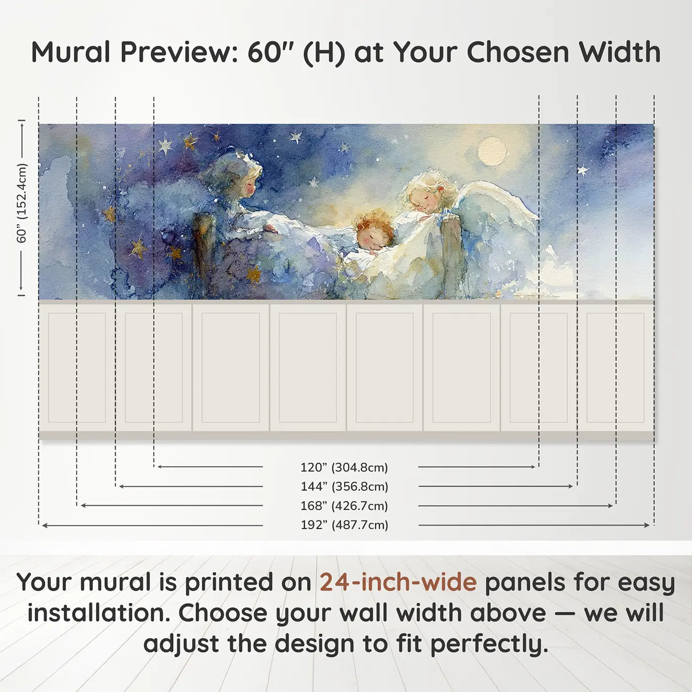 Panel dimensions for Guardian Angel Sleeping Child Wainscoting Wallpaper by Whimsy Tots