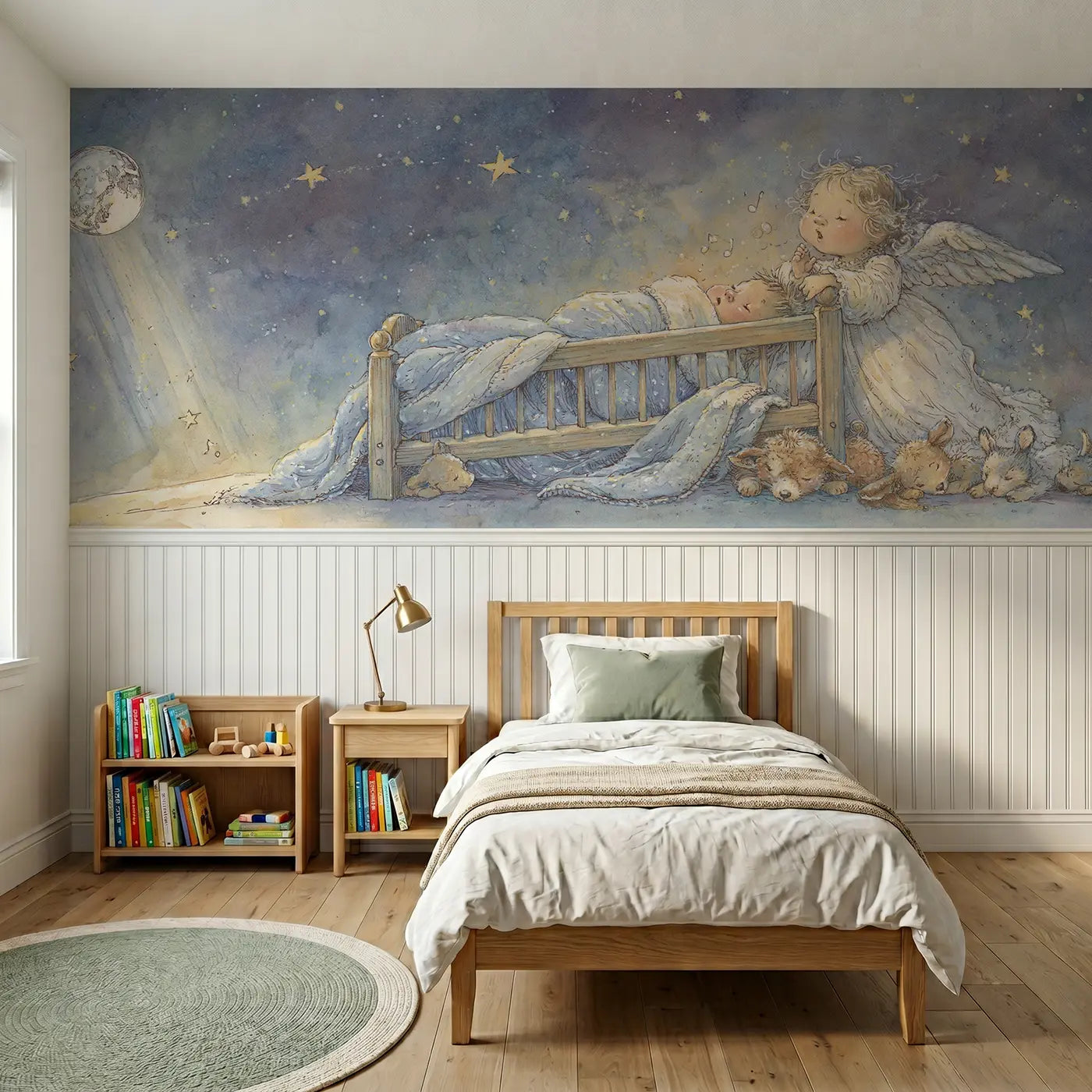 Storybook angel lullaby moonlight watch wainscoting wallpaper for nursery by Whimsy Tots.