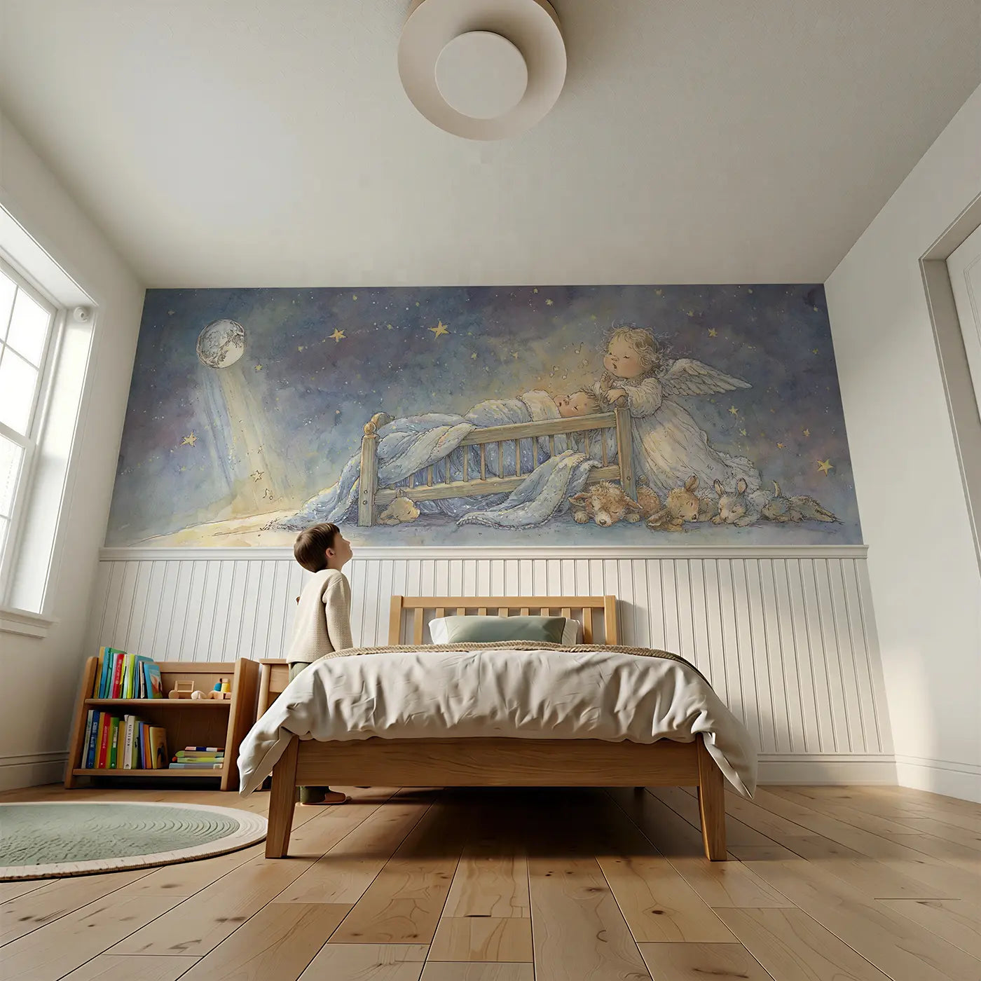 Child reading near Angel Lullaby Moonlight Watch Wainscoting Wallpaper by Whimsy Tots