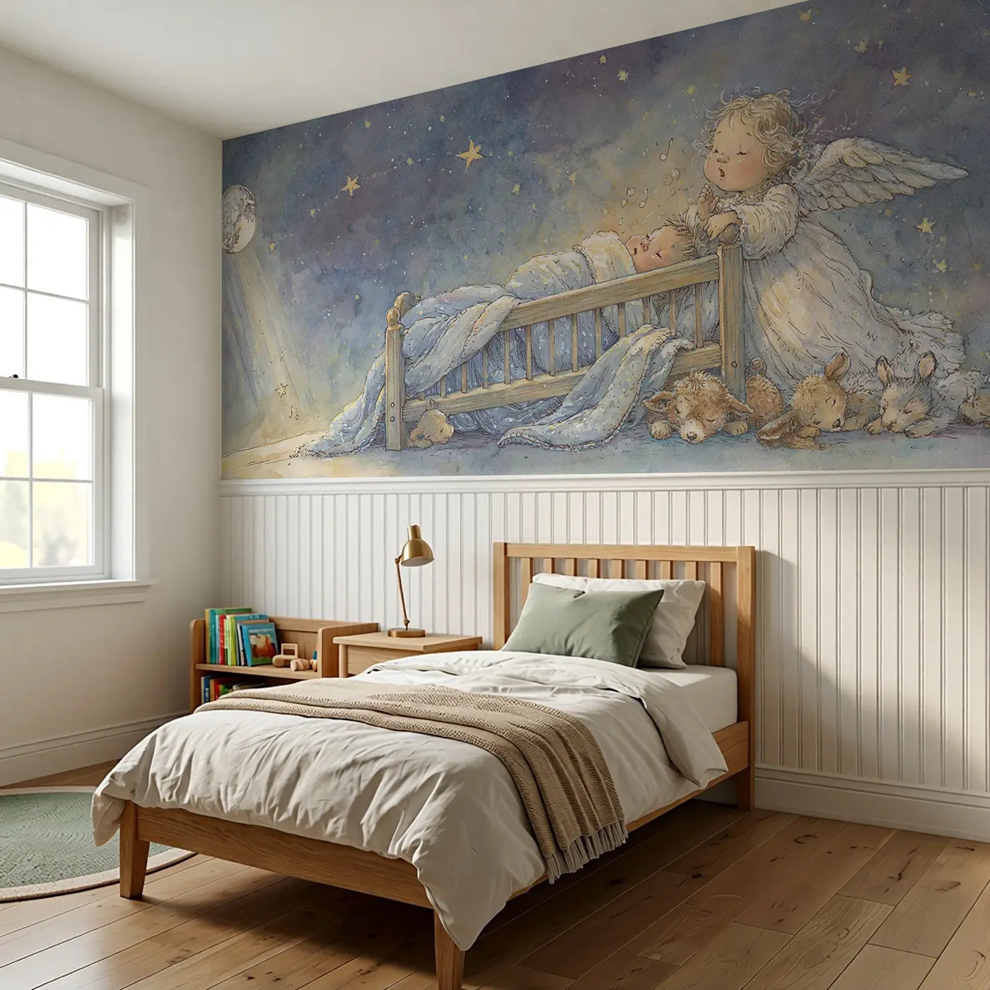 Angel Lullaby Moonlight Watch Wainscoting Wallpaper styled in a kids bedroom by Whimsy Tots