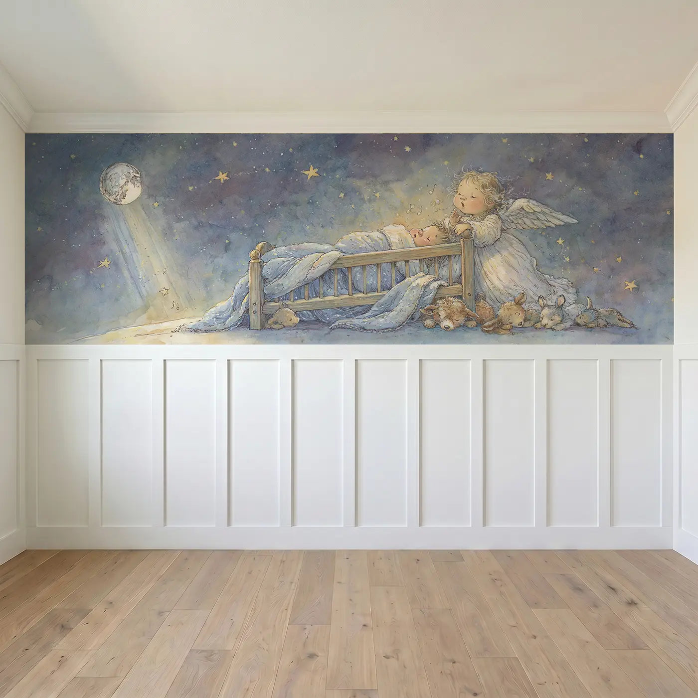 Full panel view of Angel Lullaby Moonlight Watch Wainscoting Wallpaper by Whimsy Tots