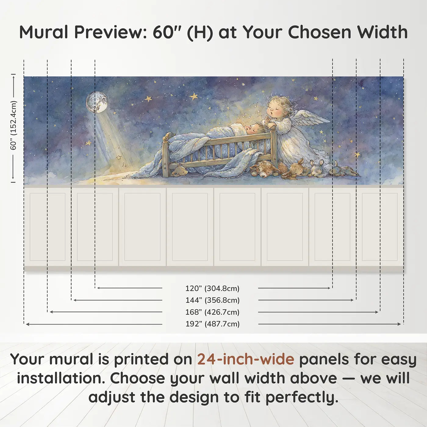 Panel dimensions for Angel Lullaby Moonlight Watch Wainscoting Wallpaper by Whimsy Tots