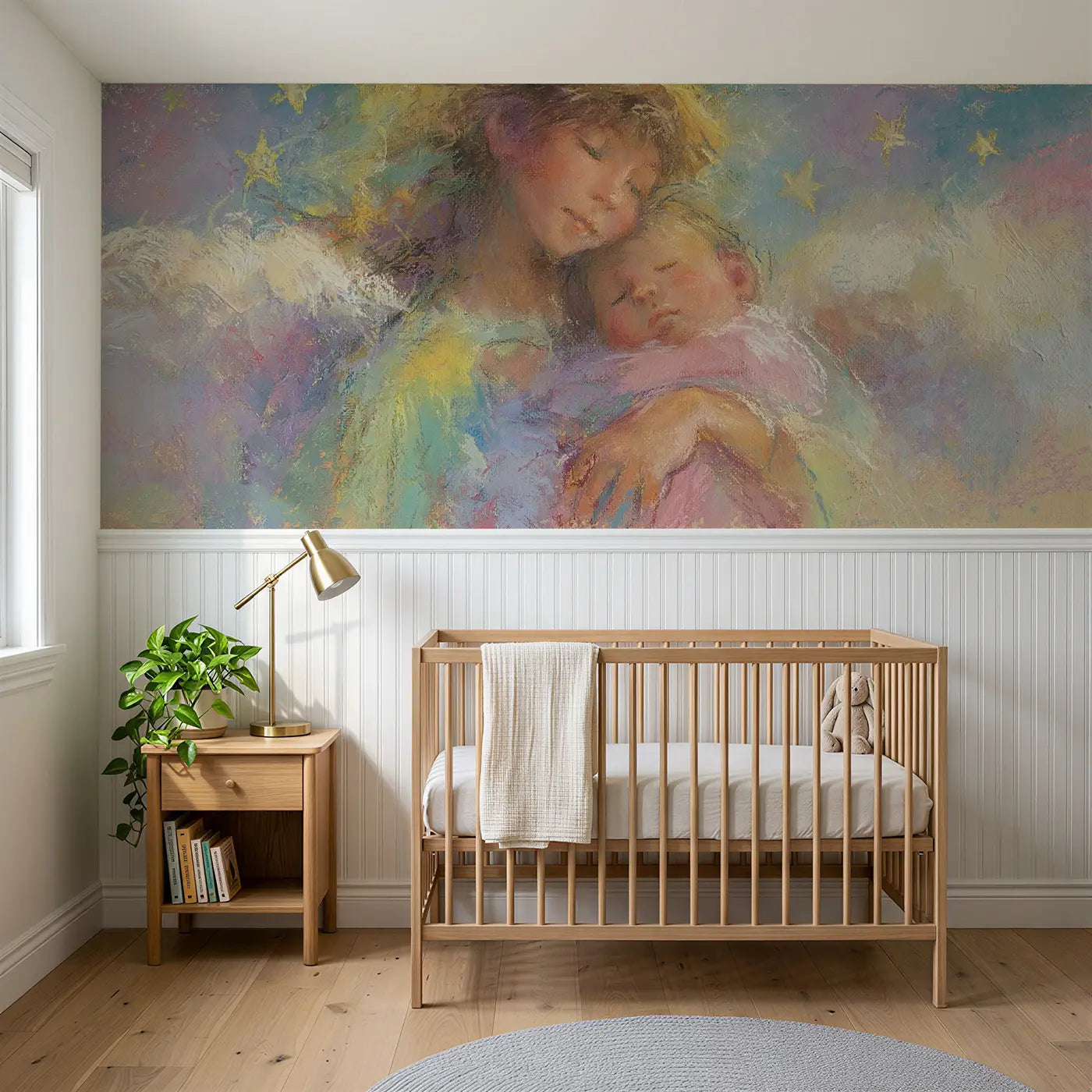 Soft Pastel angel cradles a baby with chalk wings wainscoting wallpaper for nursery by Whimsy Tots.