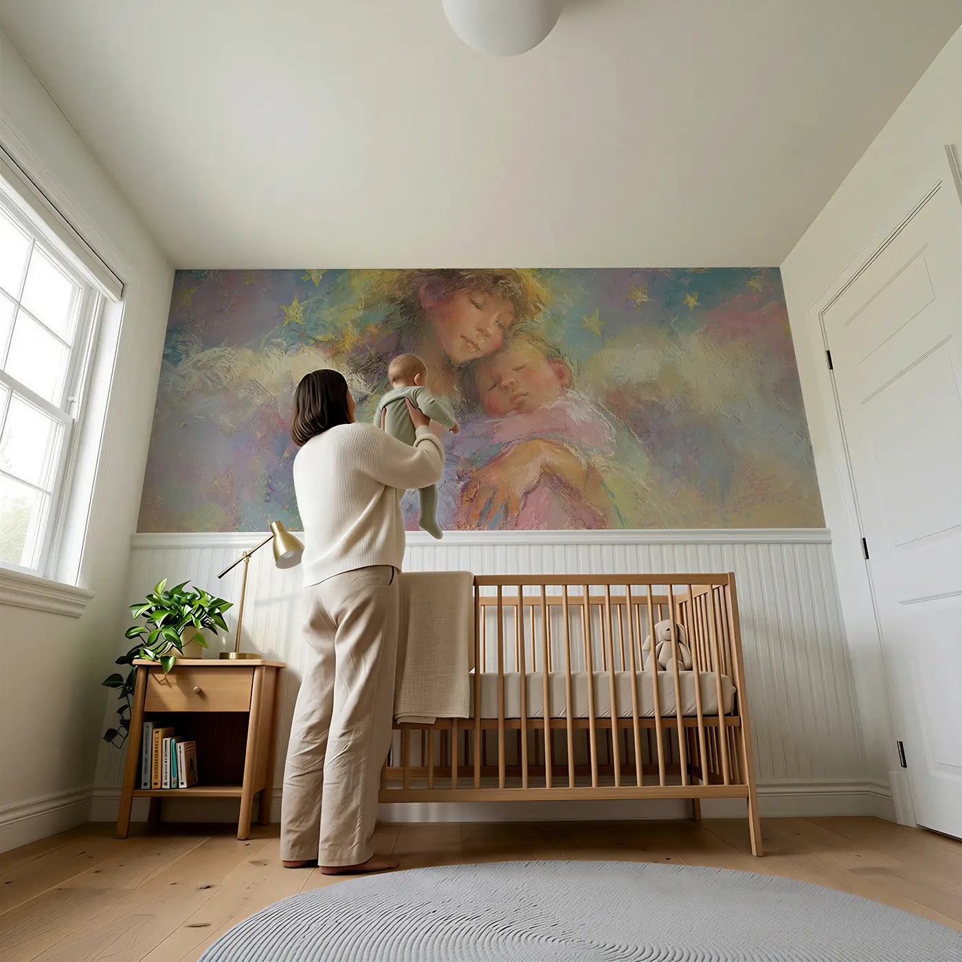 Child reading near Pastel Angel Wings Baby Wainscoting Wallpaper by Whimsy Tots
