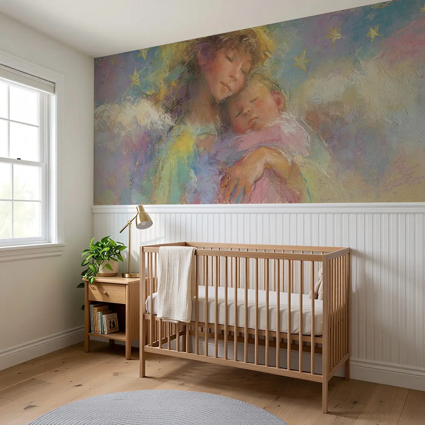 Pastel Angel Wings Baby Wainscoting Wallpaper styled in a kids bedroom by Whimsy Tots