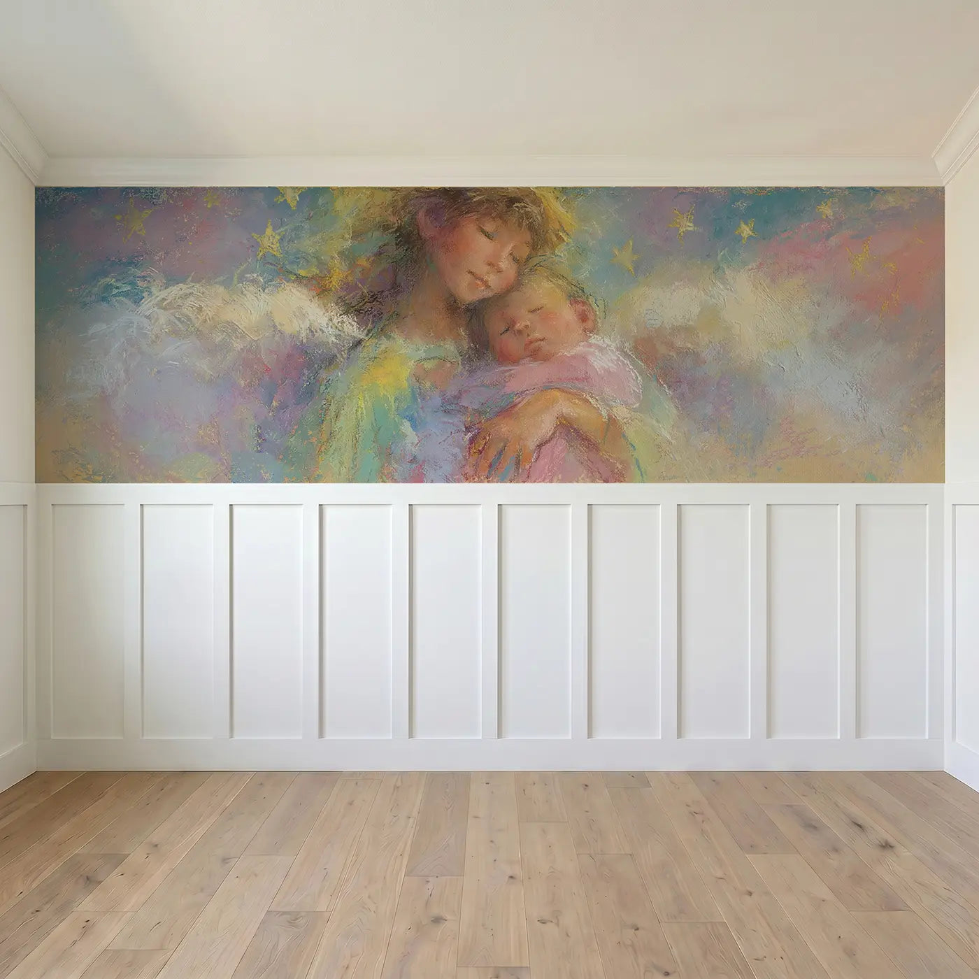 Full panel view of Pastel Angel Wings Baby Wainscoting Wallpaper by Whimsy Tots