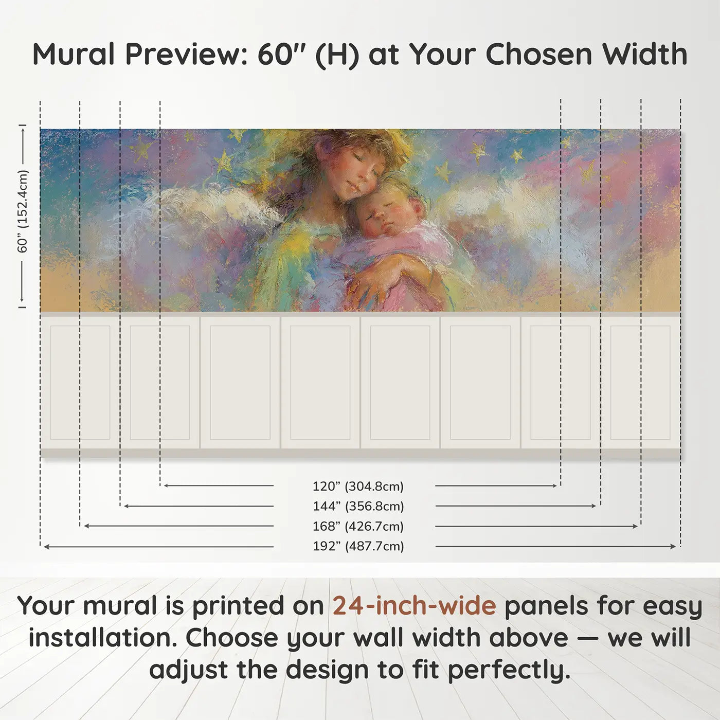 Panel dimensions for Pastel Angel Wings Baby Wainscoting Wallpaper by Whimsy Tots