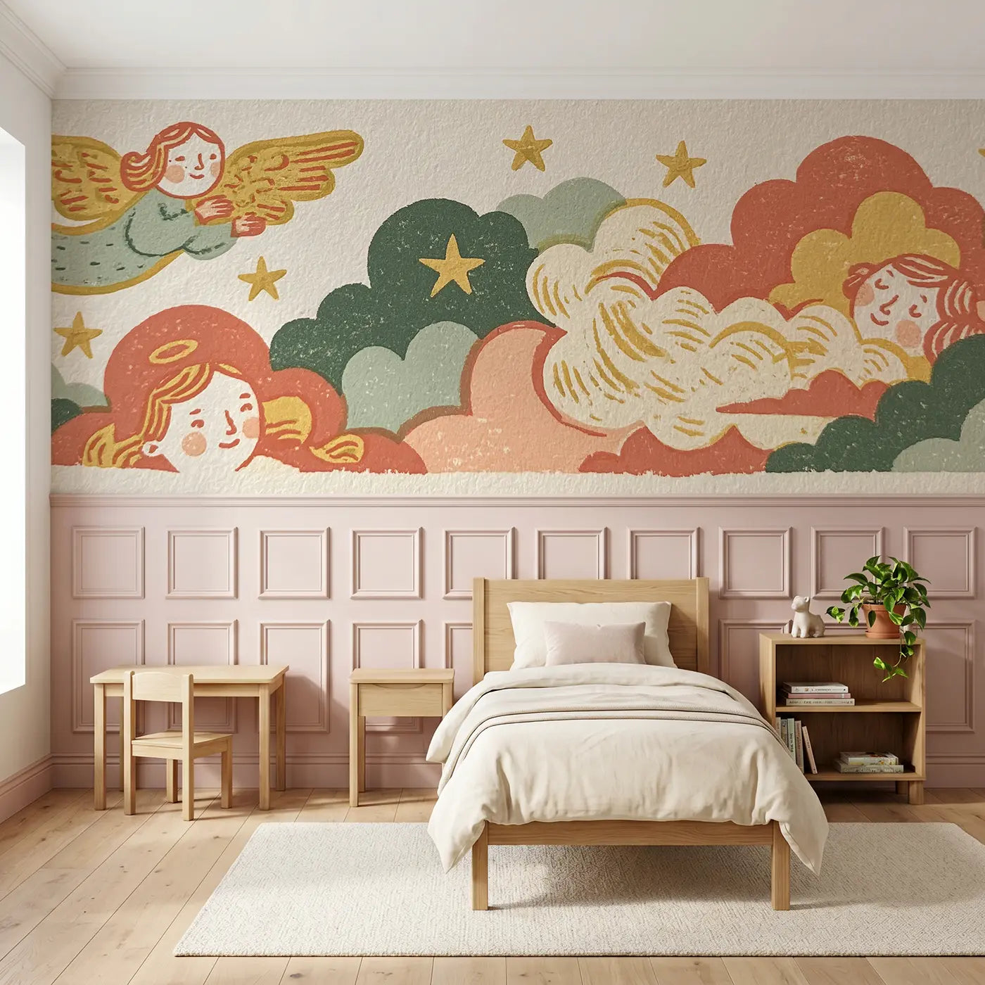 Carved Angel Folk Wings Wainscoting Wallpaper