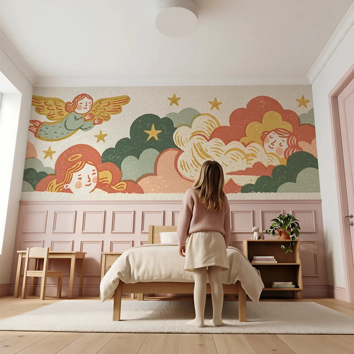 Carved Angel Folk Wings Wainscoting Wallpaper