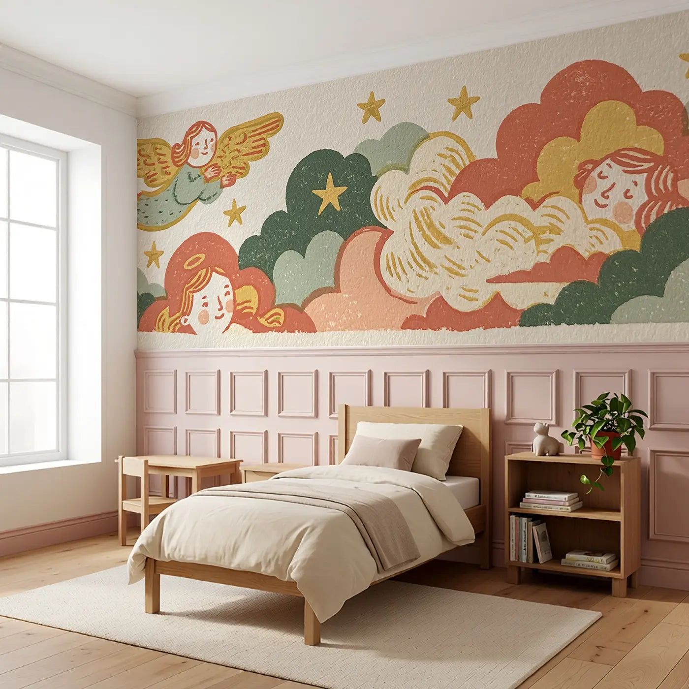 Carved Angel Folk Wings Wainscoting Wallpaper
