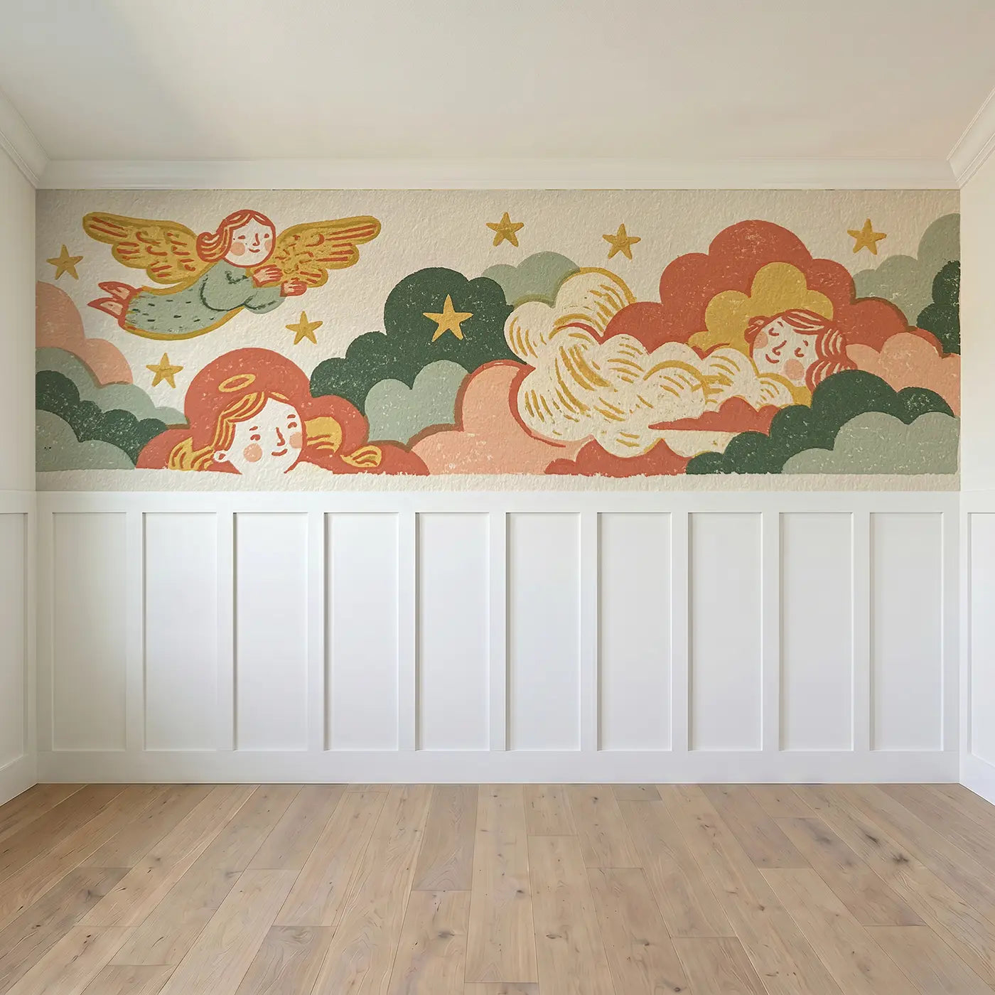 Carved Angel Folk Wings Wainscoting Wallpaper