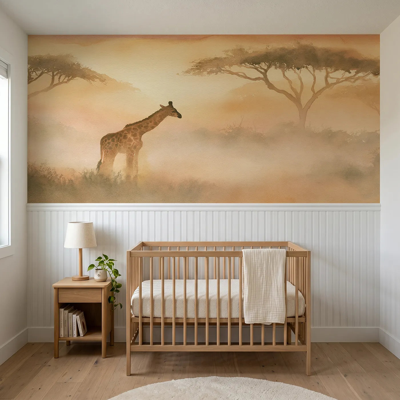Watercolor wainscoting wallpaper of a giraffe calf in dawn mist for a nursery by Whimsy Tots