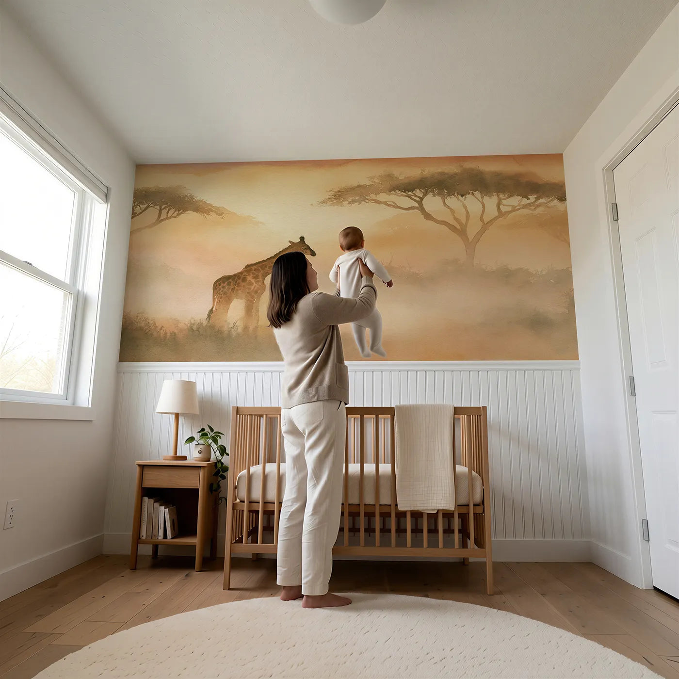 Child reading near Giraffe Calf Morning Mist Wainscoting Wallpaper by Whimsy Tots