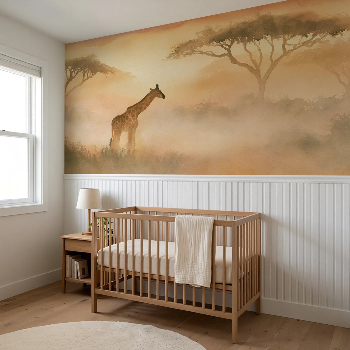 Giraffe Calf Morning Mist Wainscoting Wallpaper styled in a kids room by Whimsy Tots