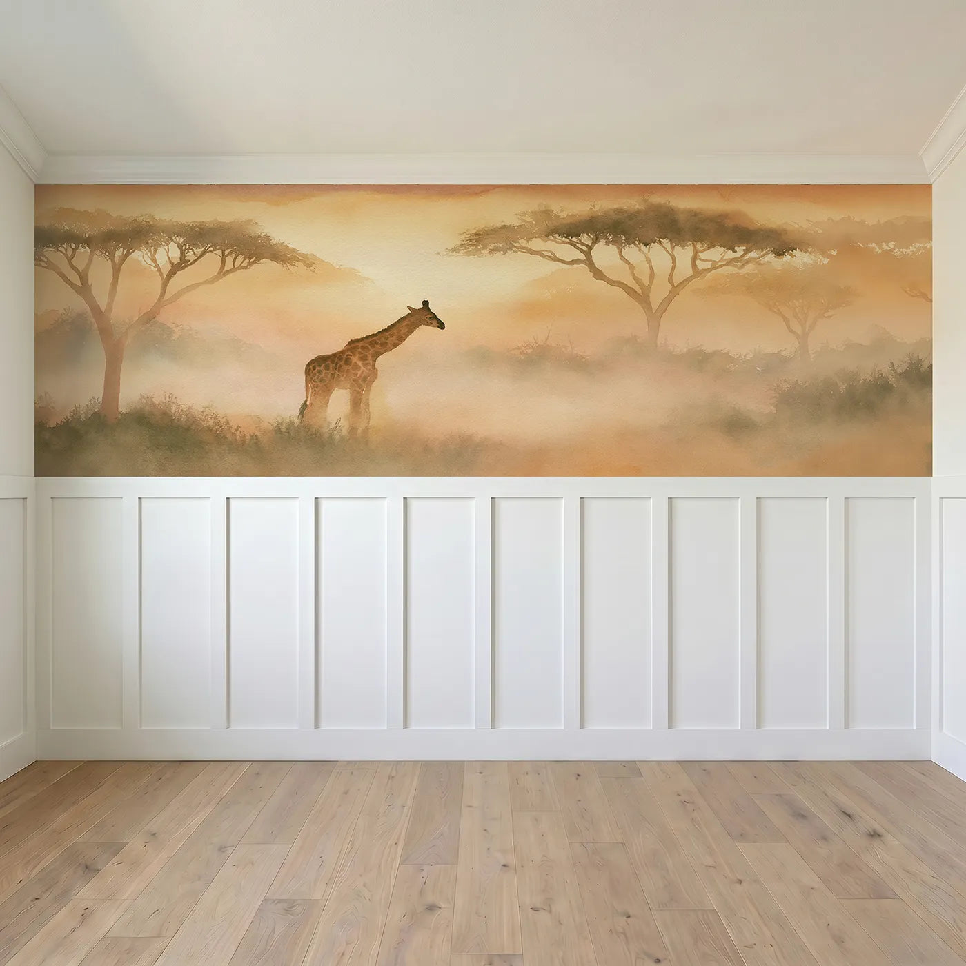 Full panel view of Giraffe Calf Morning Mist Wainscoting Wallpaper by Whimsy Tots