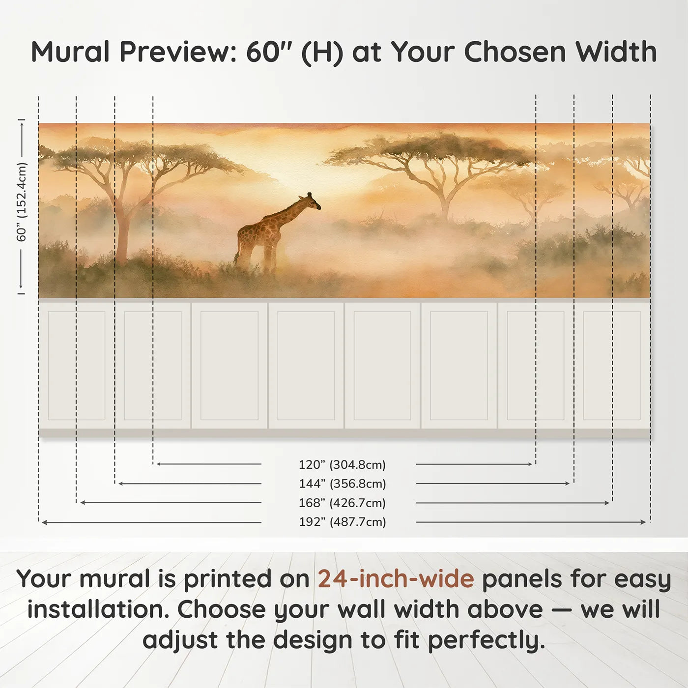 Panel dimensions for Giraffe Calf Morning Mist Wainscoting Wallpaper by Whimsy Tots
