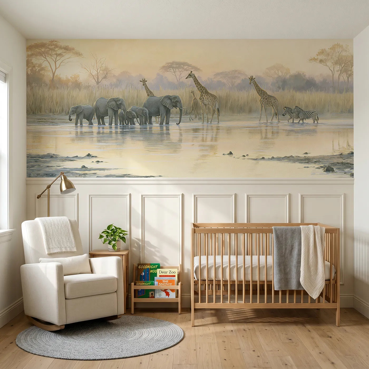 Watercolor wainscoting wallpaper of a gentle river crossing herd for a kids room by Whimsy Tots